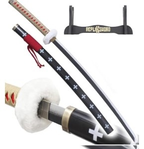 Repliksword Katana Tout en Bois Lame en Bois One Piece Trafalgar Law Replique Epee Sabre Lame en Bois Decoration Deguisement Cosplay Presentoir Boi...