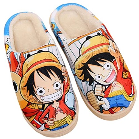 WANHONGYUE Anime One Piece Luffy Pantoufles de Maison Homme Femme Hiver Peluche Chaude Chaussons Intérieur Extérieur Antidérapant Slippers