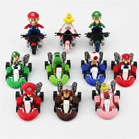 Super Mario Bros Kart Lot de 10 kart à tirer pour voitures, moto, Luigi, Yoshi Toad, princesse, pêche, âne, Kong 6,3 cm pour enfants + cadeau (1...