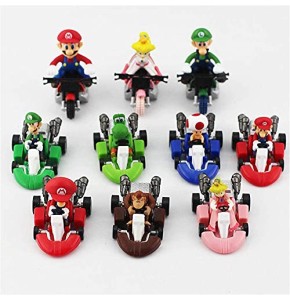 Super Mario Bros Kart Lot de 10 kart à tirer pour voitures, moto, Luigi, Yoshi Toad, princesse, pêche, âne, Kong 6,3 cm pour enfants + cadeau (1...