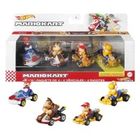 Hot Wheels Mario Kart Coffret De 4 Véhicules Comprenant Mario, Yoshi, Donkey Kong, Et Diddy Kong, Personnages Mario Kart Et Voitures Dont 1 Modèl...