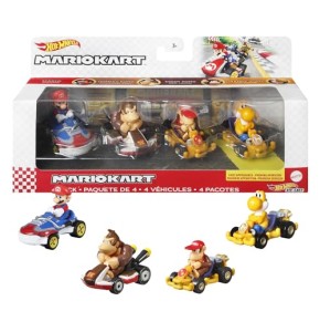 Hot Wheels Mario Kart Coffret De 4 Véhicules Comprenant Mario, Yoshi, Donkey Kong, Et Diddy Kong, Personnages Mario Kart Et Voitures Dont 1 Modèl...