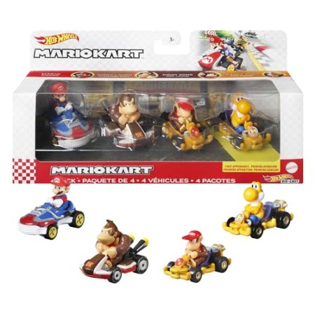 Hot Wheels Mario Kart Coffret De 4 Véhicules Comprenant Mario, Yoshi, Donkey Kong, Et Diddy Kong, Personnages Mario Kart Et Voitures Dont 1 Modèl...