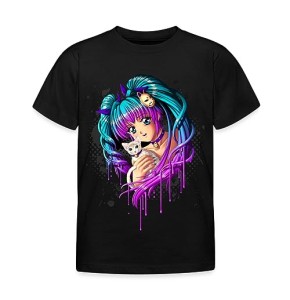 Spreadshirt Chaton Manga Girl Animé Idée De Cadeau Chat Coloré Mignon T-Shirt Ado, 152/164 (12-14 Ans), Noir