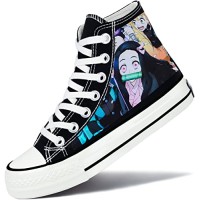 Roffatide Anime Demon Slayer Baskets Montantes en Toile Chaussures Plates Imprimées Slip-Ons Chaussures de Skateboard à Lacets Noir B Unisex 37