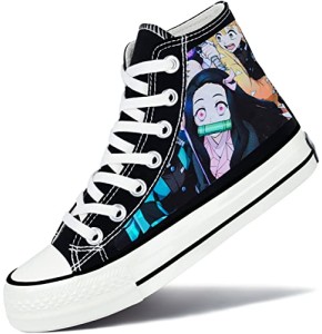 Roffatide Anime Demon Slayer Baskets Montantes en Toile Chaussures Plates Imprimées Slip-Ons Chaussures de Skateboard à Lacets Noir B Unisex 37