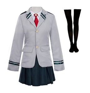 My Hero Academia Cosplay Uniforme Fille Femme Halloween Carnaval Noël Costume avec Bas Cravate Rouge (L, Gris)