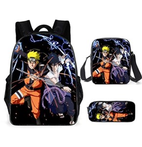ZMOO Naruto – Lot de 3 sacs à dos pour enfants, sac à dos de dessin animé avec sac à bandoulière, trousse à crayons pour l'école, les voyages, le camping, les pique-niques, 3Pcs