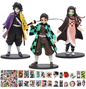 GENGUTOR Lot de 3 Figurines Anime Demon Slayer, Modèle de Personnage d'anime, avec Socle Lot de 50 Autocollants Demon Slayer pour Les collectionne...