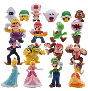 Super Mario Lot de 18 figurines de personnages de Mario en PVC de 2 à 6,8 cm de haut pour décoration de gâteau d'anniversaire