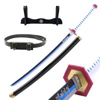 Hashiman - Katana Demon Slayer - Réplique Manga Japonais Sabre en Bois + Support d'Epée + Ceinture (Giyu Tomioka)