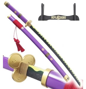 REPLIKSWORD One Piece Katana Tout en Bois Lame en Bois Katana Enma Sabre en Bois Epee Zoro Epee Meito + Support en Bois