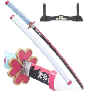 Demon Slayer Katana en Bois Lame en Bois Sabre Mitsuri Kanroji Epee en Bois Kimetsu No Yaiba Sabre Katana Mitsuri + Presentoir en Bois Inclus Cospl...